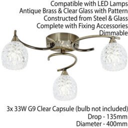 Semi Flush Ceiling Light Brass Textured Glass 3 Bulb Hanging Pendant Lamp Shade - thumbnail 2