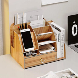 Natural Wooden Shelf Desk Organiser Storage Desktop Pen Holder Box - thumbnail 4