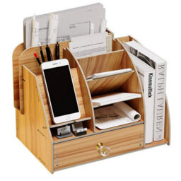 Natural Wooden Shelf Desk Organiser Storage Desktop Pen Holder Box - thumbnail 1