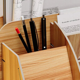 Natural Wooden Shelf Desk Organiser Storage Desktop Pen Holder Box - thumbnail 3