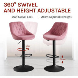 1X Pink Height Adjustable Swivel Bar Stool Velvet Seat Metal Footrest - thumbnail 4