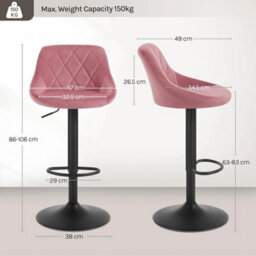 1X Pink Height Adjustable Swivel Bar Stool Velvet Seat Metal Footrest - thumbnail 2