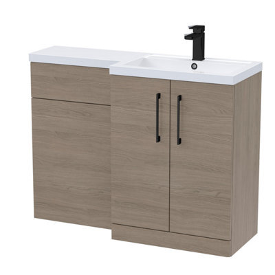 Balterley Right-Hand Bathroom Vanity And Wc Unit Combination With Basin - 1100mm - Woodgrain Mid Oak With Black Handles
