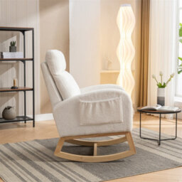 Abrihome Teddy Fabric Rocking Chair Mid-Century Modern Style With Padded Seat Living Room Bedroom Accent Chair (Beige) - thumbnail 9