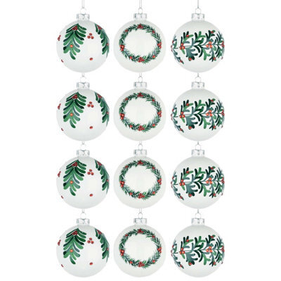 Shatchi Christmas Glass Baubles 12Pcs Set - 8Cm White Ornaments With 3 Elegant Assorted Designs - image 1