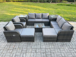 Fimous High Back Rattan Garden Furniture Set With Square Coffee Table 2 Big Footstool 2 Side Tables Patio Lounge Sofa Set - thumbnail 1