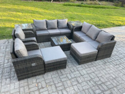 Fimous High Back Rattan Garden Furniture Set With Square Coffee Table 2 Big Footstool 2 Side Tables Patio Lounge Sofa Set - thumbnail 2