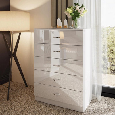 White Gloss 5 Drawer Tall Chest Matt Frame Bedroom Storage Furniture - image 1