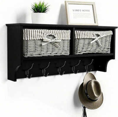 Black Wall Mounted Coat Rack With Shelf 2 Grey Wicker Baskets And 5 Double Hooks Hallway Organiser H30Xw70Xd17Cm - image 1