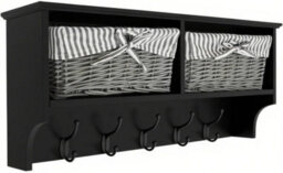 Black Wall Mounted Coat Rack With Shelf 2 Grey Wicker Baskets And 5 Double Hooks Hallway Organiser H30Xw70Xd17Cm - thumbnail 6