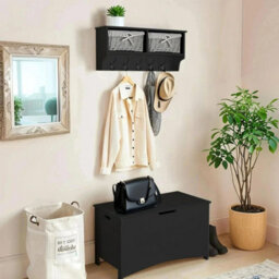 Black Wall Mounted Coat Rack With Shelf 2 Grey Wicker Baskets And 5 Double Hooks Hallway Organiser H30Xw70Xd17Cm - thumbnail 2
