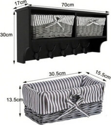 Black Wall Mounted Coat Rack With Shelf 2 Grey Wicker Baskets And 5 Double Hooks Hallway Organiser H30Xw70Xd17Cm - thumbnail 3