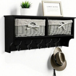 Black Wall Mounted Coat Rack With Shelf 2 Grey Wicker Baskets And 5 Double Hooks Hallway Organiser H30Xw70Xd17Cm
