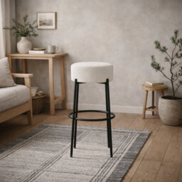 Wyld Haus Tanji Ivory Boucle Round Bar Stool With Black Metal Legs - thumbnail 1