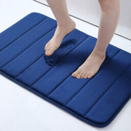 Blue Memory Foam Bath Mat Non-Slip Quick Dry Bathroom Rug With Super Absorbent Coral Velvet Surface & Anti-Skid Base