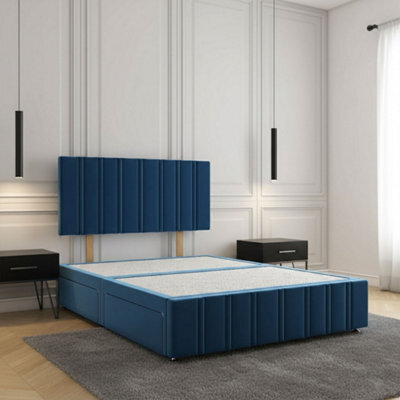 REGIONAL FURNISHINGS Divan Bed Set Blue Plush Velvet Upholstered 24Inch Headboard & Footboard & 4 Drawers No Mattress In 3Ft 4Ft 4Ft6 5Ft 6Ft Sizes - image 1