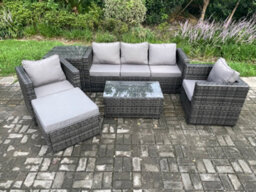 Fimous Rattan Garden Furniture Set With 3 Seater Sofa Coffee Table Outdoor Patio Lounge Sofa Set Dark Grey Mixed - thumbnail 2