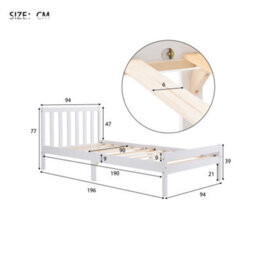 Wooden Bed Frame, Single Bed 3Ft Solid Wooden Bed Frame, Bedroom Furniture For Adults, Kids, Teenagers, 90 X 190 Cm (White) - thumbnail 2