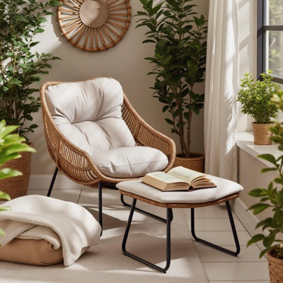 Furniturebox Uk Tahiti Indoor / Outdoor Beige Rattan Chair & Footstool - image 1