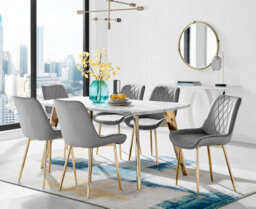 Furniturebox Andria White Marble Effect & Gold Leg Dining Table & 6 Grey Pesaro Gold Leg Velvet Dining Chairs
