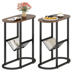Gainoom 2-Tier Oval End Table Narrow Side Table Set Of 2 W/magazine Holder-Brown