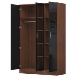 Reflect 3 Door Mirror Wardrobe - Black Gloss & Walnut - Hanging Rail & 4 Shelves- H: 180Cm X W: 113Cm X D: 47Cm - Modern Design - thumbnail 6