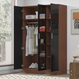 Reflect 3 Door Mirror Wardrobe - Black Gloss & Walnut - Hanging Rail & 4 Shelves- H: 180Cm X W: 113Cm X D: 47Cm - Modern Design - thumbnail 2