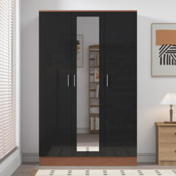 Reflect 3 Door Mirror Wardrobe - Black Gloss & Walnut - Hanging Rail & 4 Shelves- H: 180Cm X W: 113Cm X D: 47Cm - Modern Design - thumbnail 3