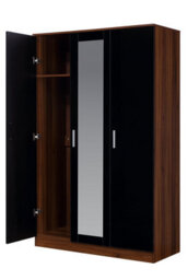 Reflect 3 Door Mirror Wardrobe - Black Gloss & Walnut - Hanging Rail & 4 Shelves- H: 180Cm X W: 113Cm X D: 47Cm - Modern Design