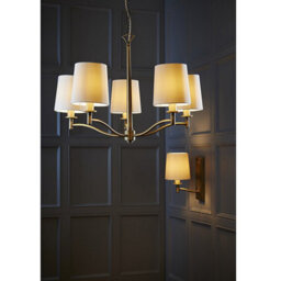 Luminosa Lighting Luminosa Ortona 5 Light Multi Arm Pendant Matt Antique Brass, Vintage White Faux Silk, E14 - thumbnail 3