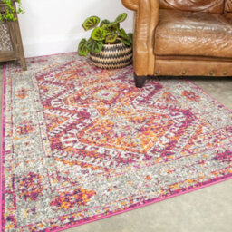 Loomed Pink Grey Bordered Geometric Distressed Area Rug 200X290Cm - thumbnail 1