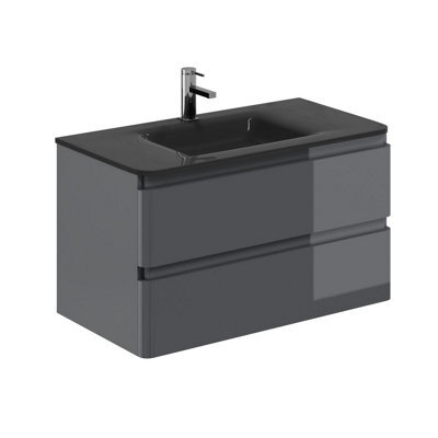 Plum&clay Marvel Gloss Dark Grey Wall Hung Bathroom Vanity Unit With Grey Glass Basin (W)900mm - image 1