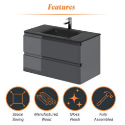 Plum&clay Marvel Gloss Dark Grey Wall Hung Bathroom Vanity Unit With Grey Glass Basin (W)900mm - thumbnail 6