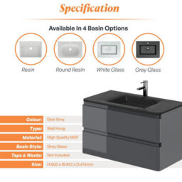 Plum&clay Marvel Gloss Dark Grey Wall Hung Bathroom Vanity Unit With Grey Glass Basin (W)900mm - thumbnail 5