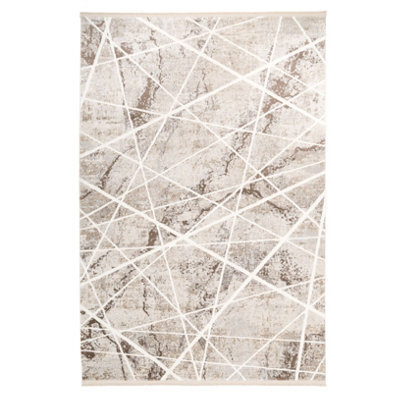 Loomed Beige Abstract Marble Bedroom Living Area Rug With Fringing 120X170Cm - image 1