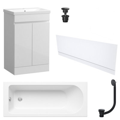 FNX Bathrooms Waterproof 600mm Vanity Unit With Single Ended Bath Gloss White Front Panel Matt Black Bath & Universal Basin Waste Set - image 1