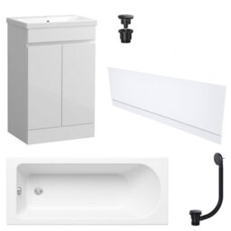 FNX Bathrooms Waterproof 600mm Vanity Unit With Single Ended Bath Gloss White Front Panel Matt Black Bath & Universal Basin Waste Set - thumbnail 1