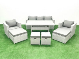 Fimous Rattan Garden Furniture Set Outdoor 9 Seater Patio Dining Sets Glass Top Dining Table Light Grey - thumbnail 2