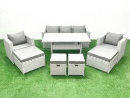 Fimous Rattan Garden Furniture Set Outdoor 9 Seater Patio Dining Sets Glass Top Dining Table Light Grey - thumbnail 1