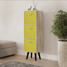 Urbn-Living Urbnliving 80Cm Height 3 Tier Antique Oak Wooden Storage Bookcase Scandinavian Style Black Legs With Yellow Inserts