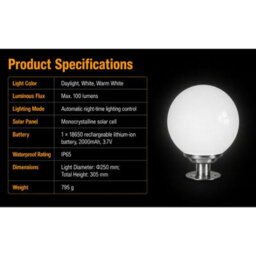 Gwsolar Solar Ball Light 25Cm Stainless Steel Globe, 100Lm Remote Control With Timer, Ip65 Waterproof For Garden Patio Pathway - thumbnail 6