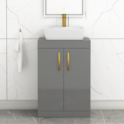 Royal Bathrooms 600mm Floor Standing Vanity Unit 2 Door Indigo Grey Gloss & Countertop Basin - Cube With Brushed Brass Handle - image 1