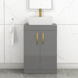 Royal Bathrooms 600mm Floor Standing Vanity Unit 2 Door Indigo Grey Gloss & Countertop Basin - Cube With Brushed Brass Handle - thumbnail 1