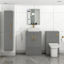 Royal Bathrooms 600mm Floor Standing Vanity Unit 2 Door Indigo Grey Gloss & Countertop Basin - Cube With Brushed Brass Handle - thumbnail 2
