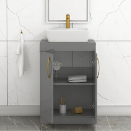 Royal Bathrooms 600mm Floor Standing Vanity Unit 2 Door Indigo Grey Gloss & Countertop Basin - Cube With Brushed Brass Handle - thumbnail 3