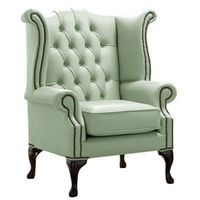Chesterfield High Back Wing Chair Shelly Thyme Green Leather Bespoke In Queen Anne Style - image 1