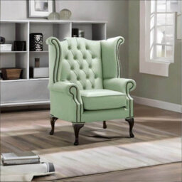 Chesterfield High Back Wing Chair Shelly Thyme Green Leather Bespoke In Queen Anne Style - thumbnail 2