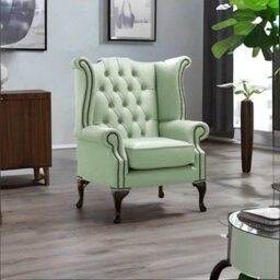 Chesterfield High Back Wing Chair Shelly Thyme Green Leather Bespoke In Queen Anne Style - thumbnail 3