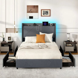 Double Size Bed Frame Upholstered Platform Bed W/ Led Lights - thumbnail 5
