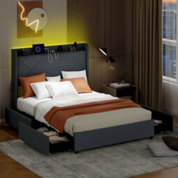 Double Size Bed Frame Upholstered Platform Bed W/ Led Lights - thumbnail 6